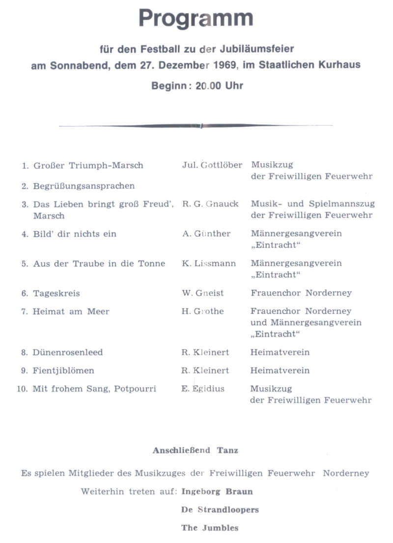 Freiwillige Feuerwehr Norderney - Programm für den Festball 27.12.1969 Freiwillige Feuerwehr Norderney - Programm für den Festball 27.12.1969