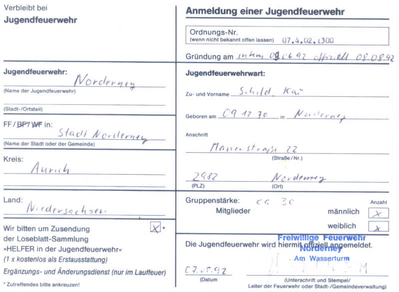 Meldung an die Deutsche Jugendfeuerwehr in Bonn am 07.05.1992
