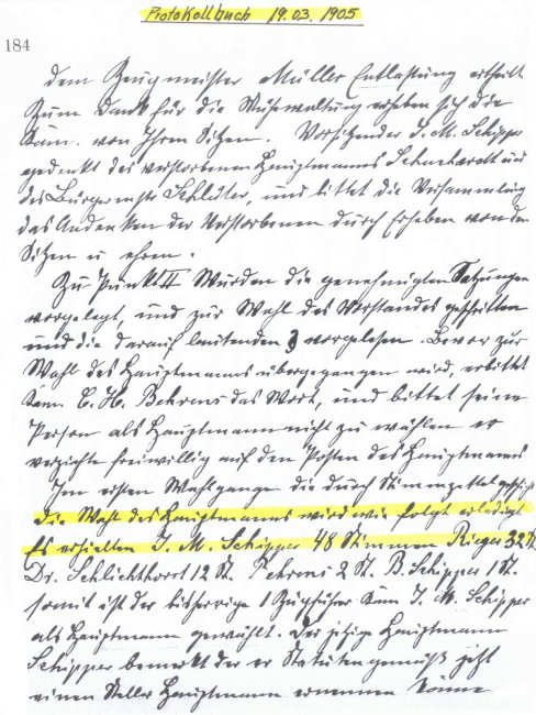 Protokollausschnitt 19.03.1905