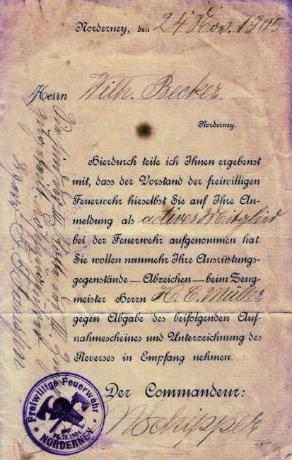 Aufnahmeschein 1905 Aufnahmeschein 1905