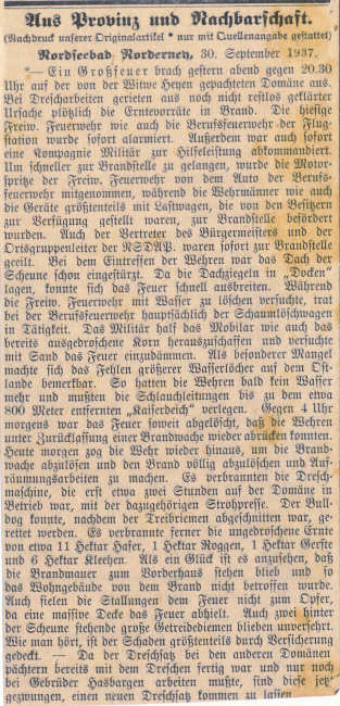 Großbrand bei der Domäne Heyen 29.09.1937 Großbrand bei der Domäne Heyen 29.09.1937
