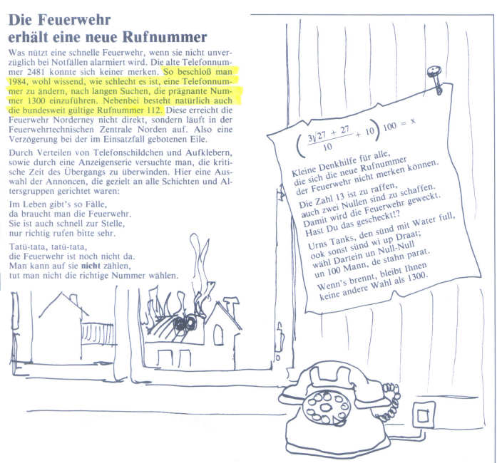 Die Feuerwehr hat ab 1984 eine neue Rufnummer: 1300