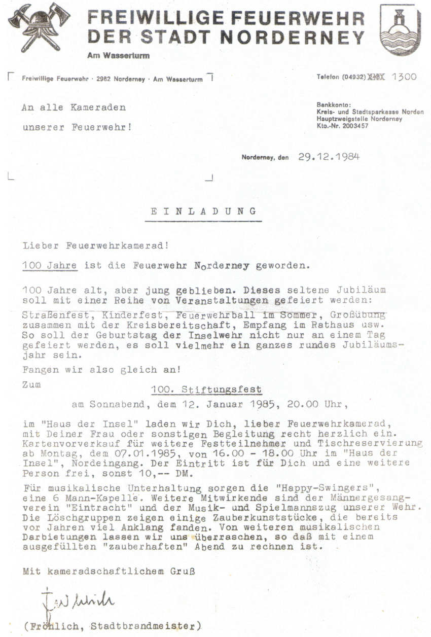 100 Jahre Feuerwehr Norderney - 1985 100 Jahre Feuerwehr Norderney - 1985