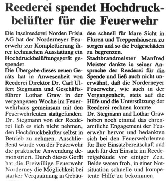 Neuer Hochdruckbelüfter für die Wehr - 15.11.1996 Neuer Hochdruckbelüfter für die Wehr - 15.11.1996