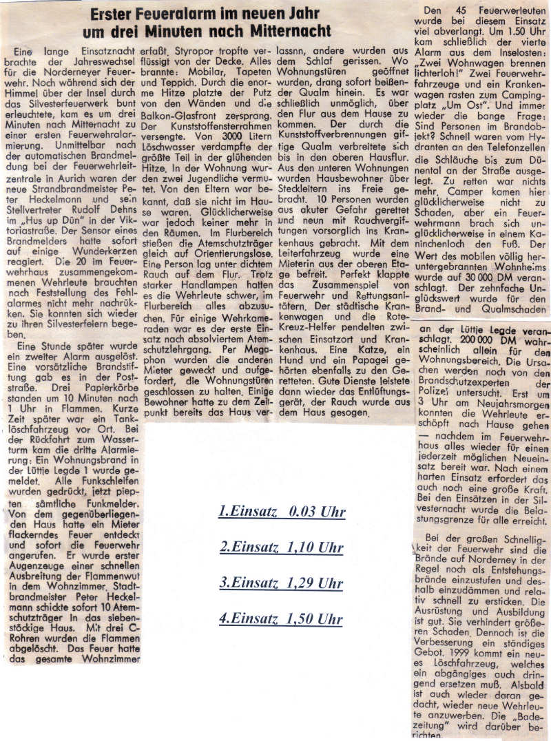 Vier Einsätze in der Neujahrsnacht 01.01.1999