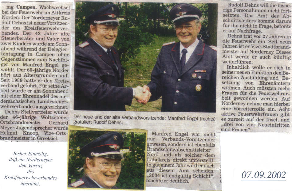 Wachwechsel bei Feuerwehr im Altkreis. - 07.09.2002 Wachwechsel bei Feuerwehr im Altkreis. - 07.09.2002
