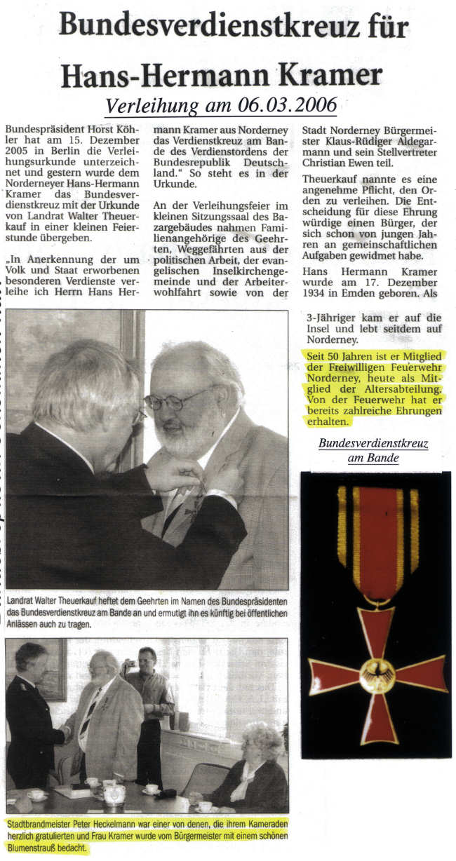 Bundesverdienstkreuz für Hans-Hermann Kramer - Verleihung am 06.03.2006
