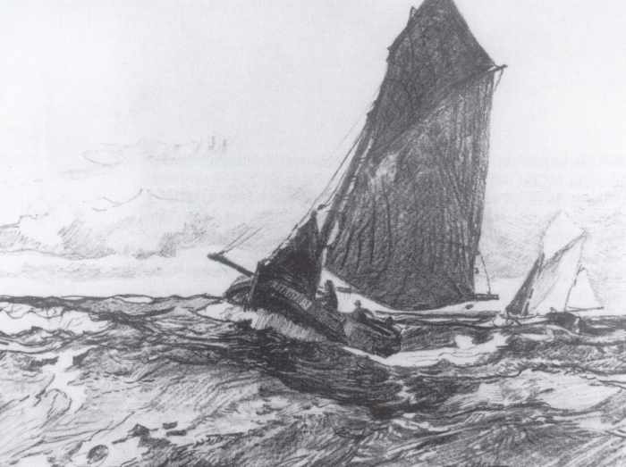 Fischkutter auf hoher See / ca. 1930 - Lithografie - 60 x 70 cm