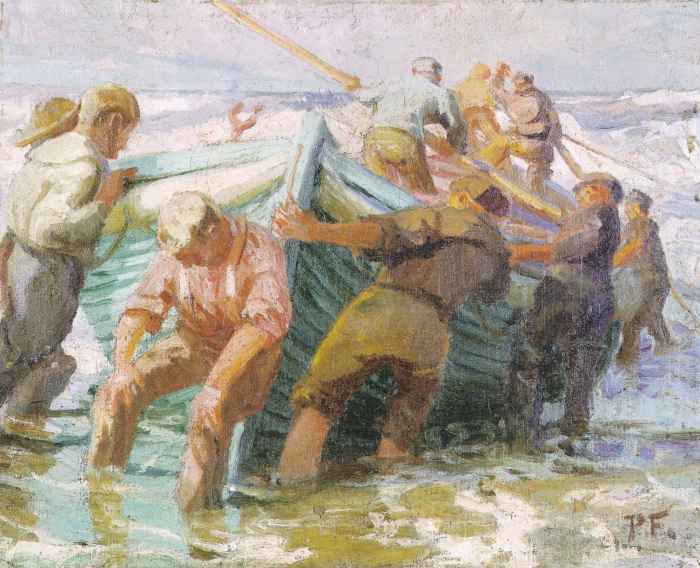 Seeleute ein Boot zu Wasser bringend / 1911 - Öl auf Leinwand - 32x40 cm