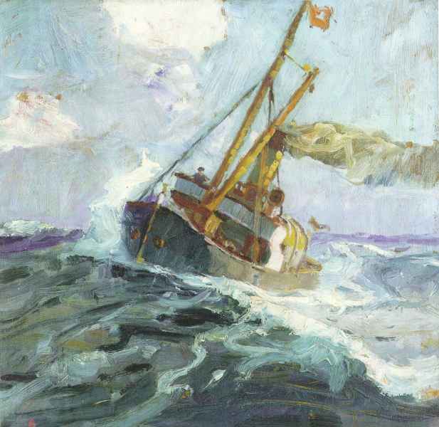 Norderneyer Tonnenleger im Sturm / 1927 - Öl auf Holz - 50 x 52 cm