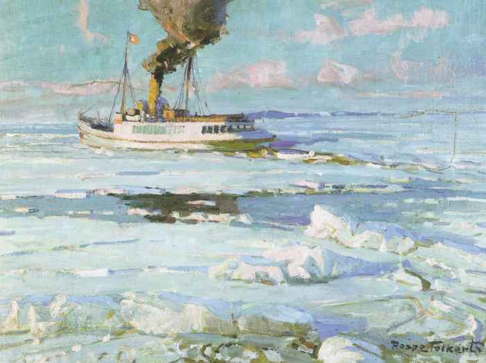 Fährdampfer im Eis / 1940 - Öl auf Holz - 60 x 80 cm