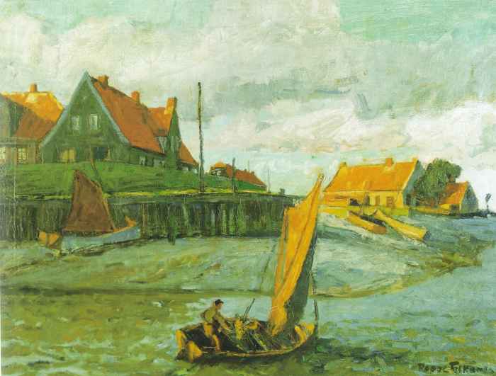 Westeraccumersiel - Hafen in der Abendsonne / 1940 - Öl auf Holz - 60 x 80 cm Westeraccumersiel - Hafen in der Abendsonne / 1940 - Öl auf Holz - 60 x 80 cm